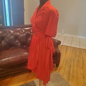 True Destiny red and white pinstripe wrap dress